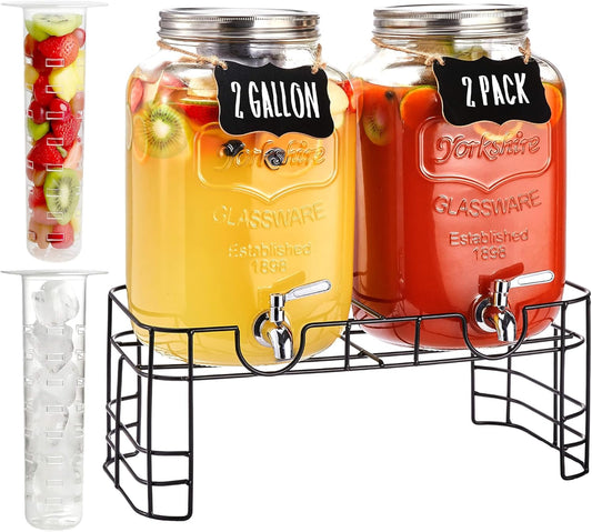 2 Gallon Glass Drink Dispenser for Parties, 2 Pack Beverage Dispenser with Stand, Lemonade Dispenser with 18/8 Stainless Steel Spigot, Leakproof for Sun Tea, Juice, Picnic, BBQ & Bars