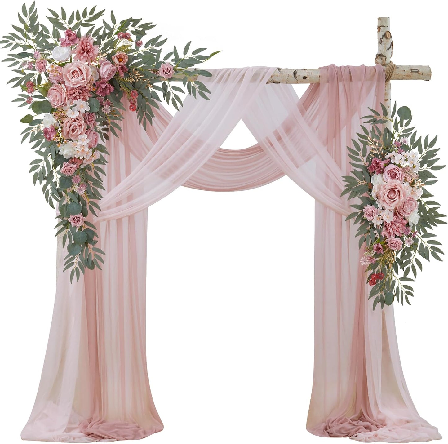 Wedding Arch Flowers with Drapes Kit (Pack of 4) - 2pcs Artificial Dusty Rose Deluxe Swag with 2pcs Sheer Drapes for Wedding Ceremony Arbor Reception Backdrop Rose Floral Decoration