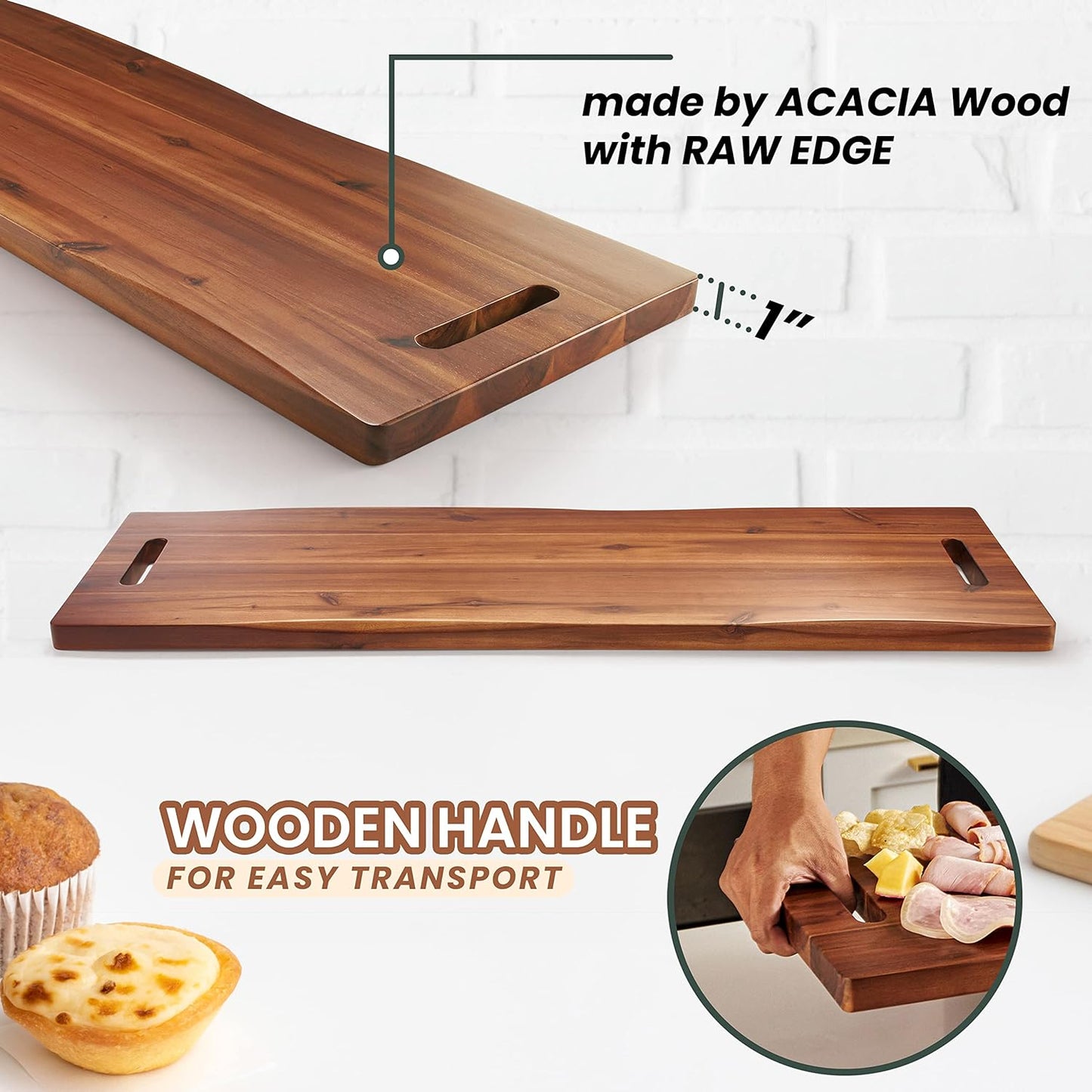 36" Large Acacia Wood Charcuterie Board with Handles - Extra Long Wooden Serving Cheese Boards - Rectangular Serving Platter for Meat Steak, Cracker Appetizers, Fruit Decorative Display Party
