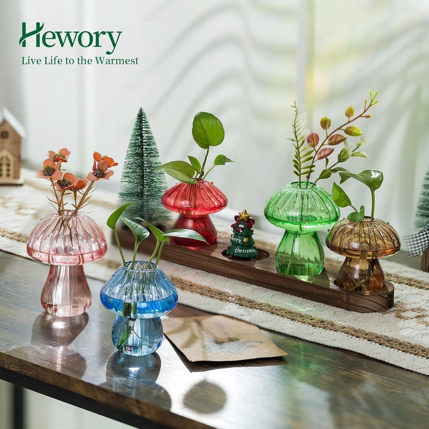 Glass Propagation Station for Plant: Mushroom Planter with Wooden Stand for Home Office Decor - Unique Propagation Jars for Plant Lovers - Set of 5 Hydroponic Mushroom Vases Gift for Mom