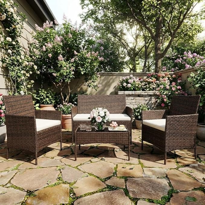 4-Piece Patio Furniture Set, Outdoor Wicker Conversation Set by GarveeHome