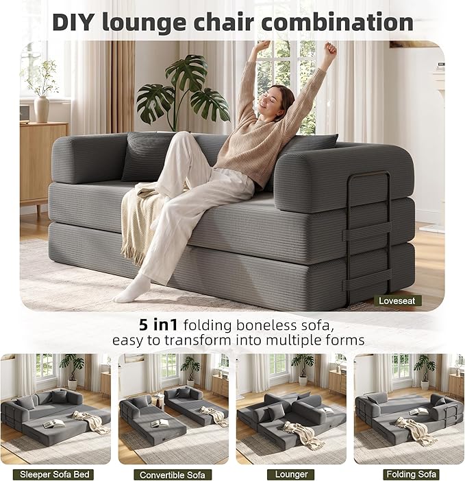 79in Convertible Sofa Bed, Corduroy Boneless Couch Bed, Futon Sleeper Sofa Pull - Image 3