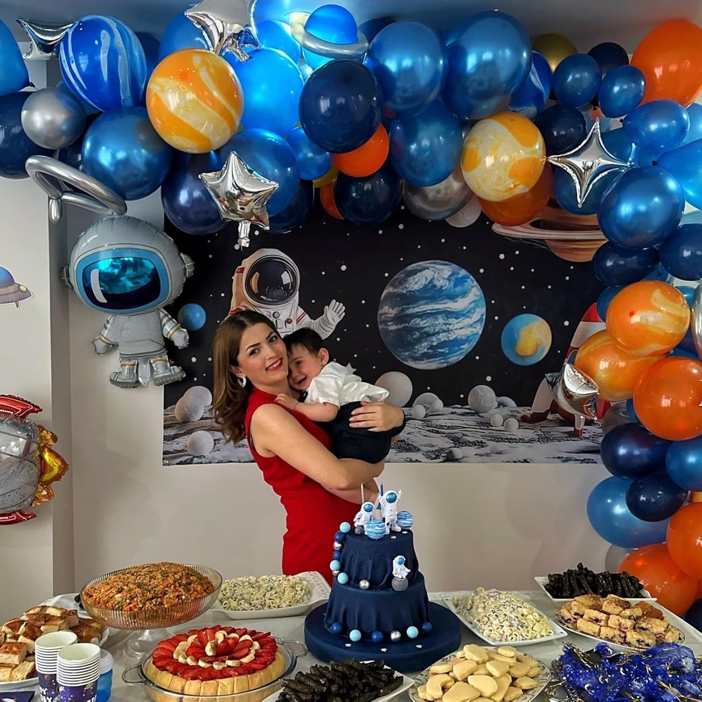 Orange Blue Balloons, Outer Space Party Balloons Set,12 Inch Navy Blue Silver Orange Yellow Agate Latex Balloon, for Boys Girls Space Theme Birthday Party, Graduation Baby Shower