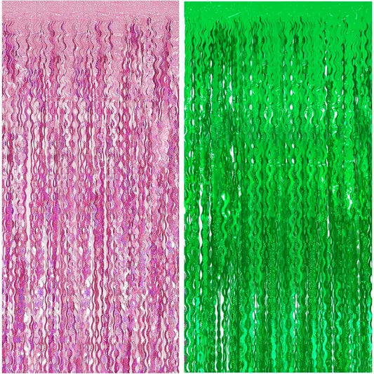 CANREVEL 2 Pack 3.3x6.6 Feet Pink and Green Wavy Foil Fringe Backdrop Curtains, Tinsel Streamers for Wicked Witch Merch Decor Birthday Party, Graduation, Halloween Party Decorations