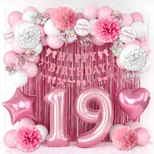 19th Birthday Decorations for Girls Pink Number 19 Balloon Bow Coquette Happy Birthday Banner Fringe Curtain Paper Pom Poms Star Heart Foil Pink White Balloons 19 Year Old Party Decor for Her