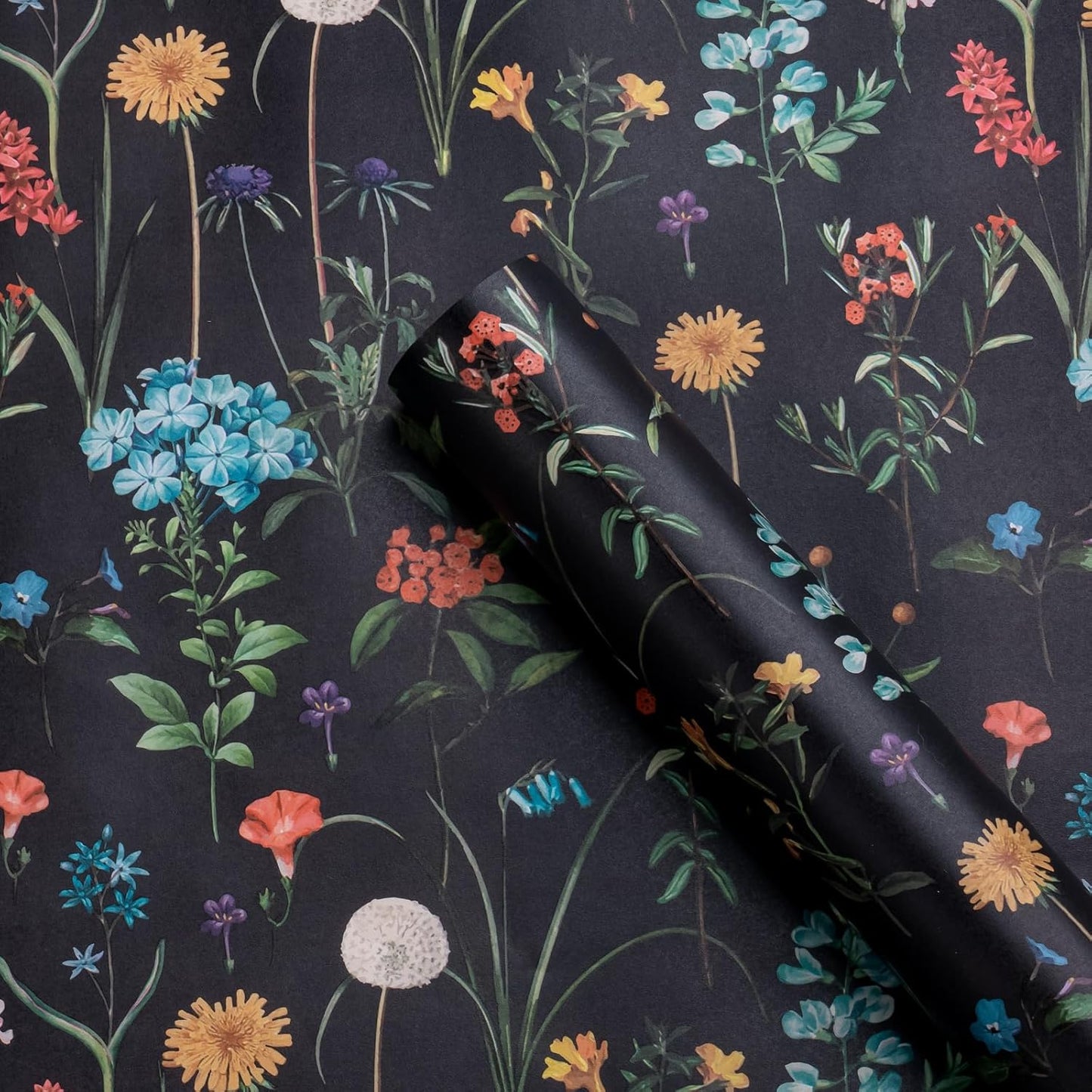 WRAPAHOLIC Kraft Wildflower Wrapping Paper - Mini Roll - 17 Inch x 16.5 Feet - Black Floral Wrapping Paper for Wedding, Birthday, Wedding, Bridal Shower, Drawer Liners, Tea Party