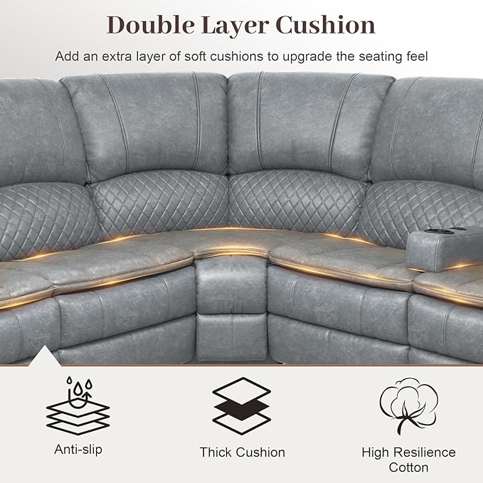 Yolsali Manual Reclining Sectional Sofa Set, 5 Seats Soft Leather Recliner - Image 4