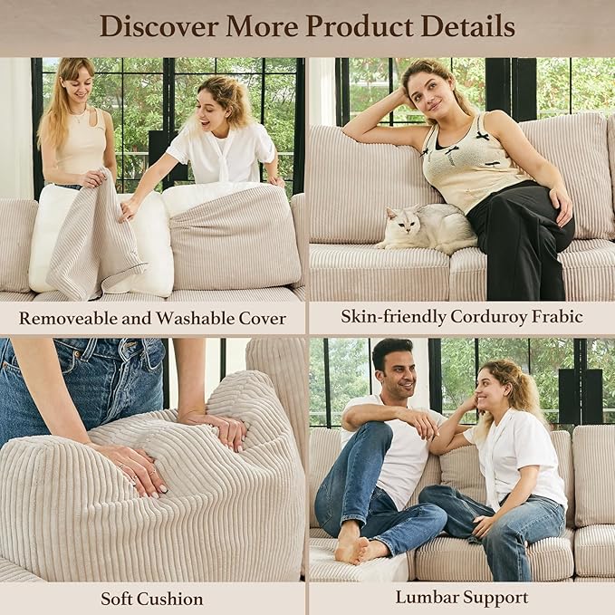 Belffin U Shaped Sectional Sofa Couch Convertible 6 Seater Corduroy Couch - Image 5