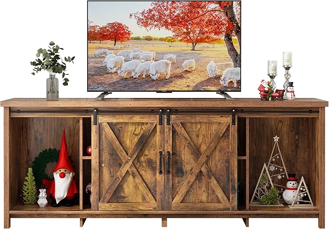 70" Farmhouse TV Stands for 70 75 80inch TV w/Adjustable Shelves, Sliding Barn - Image 8