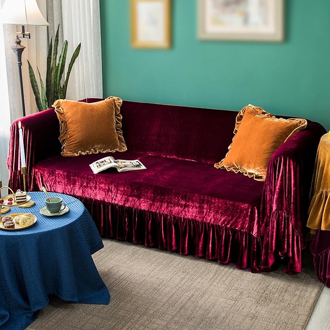 GLORY SEASON Velvet Sofa Cover Soft Decorative Luxurious Solid Exquisite Ruffle - Image 7