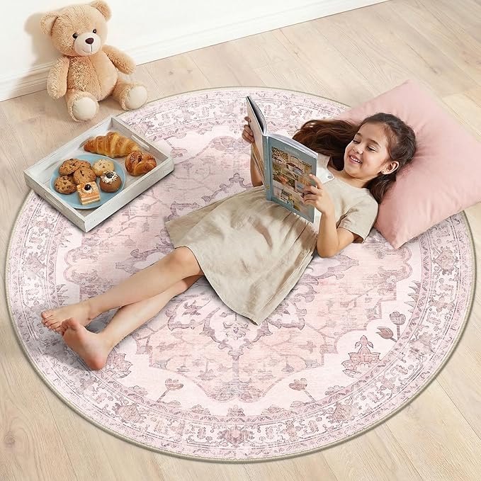 RELEANY Area Rugs Round 4ft Washable Non-Slip, Floral Vintage Distress Print by RELEANY