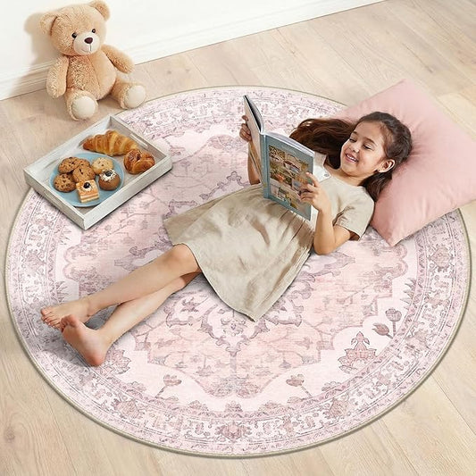 RELEANY Area Rugs Round 4ft Washable Non-Slip, Floral Vintage Distress Print by RELEANY