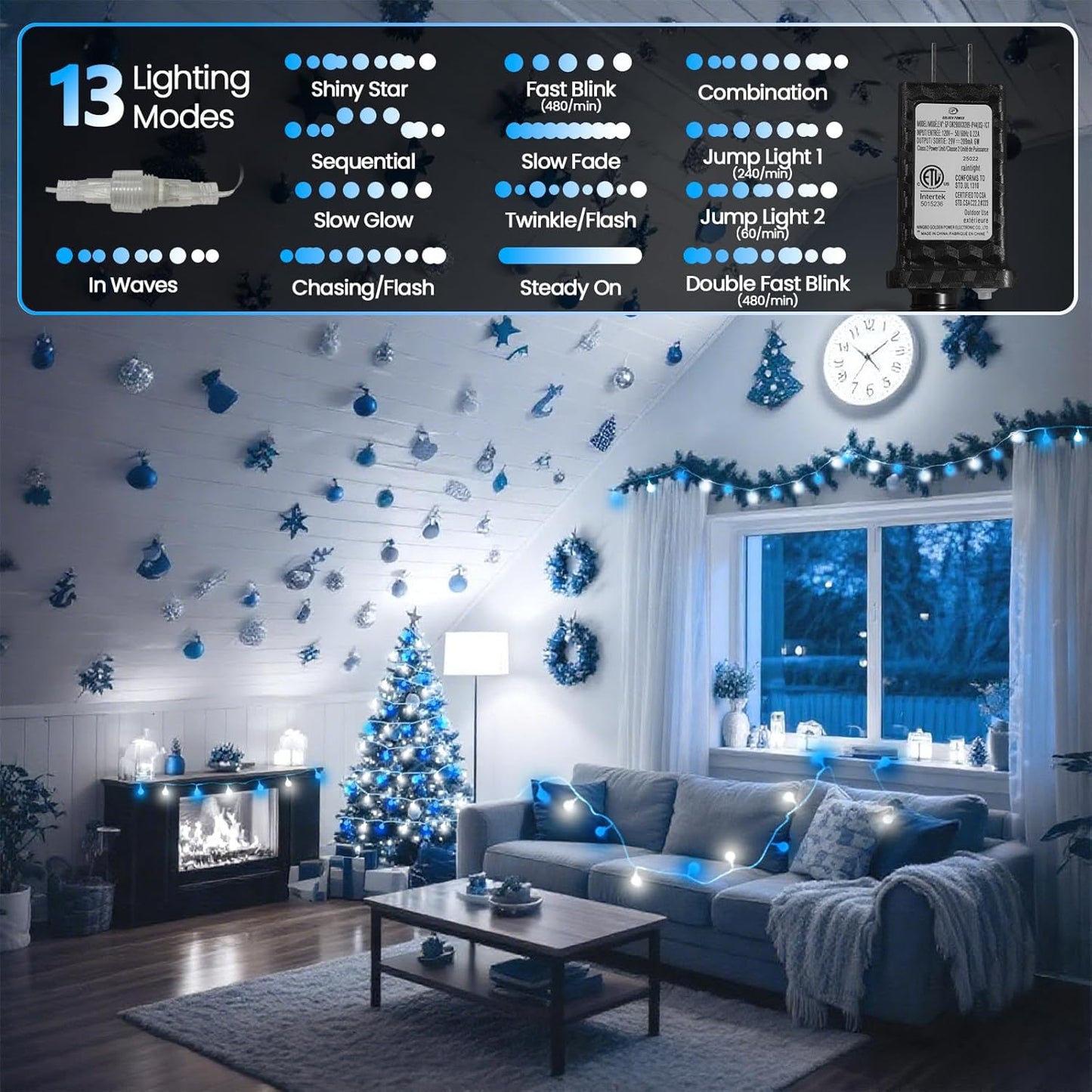 43FT Connectable String Lights Indoor Outdoor | 100LED Blue and White Globe Fairy Lights Plug in 13 Modes with Timer | Christmas Light for Bedroom Classroom Wedding Party Christmas Tree Decorations