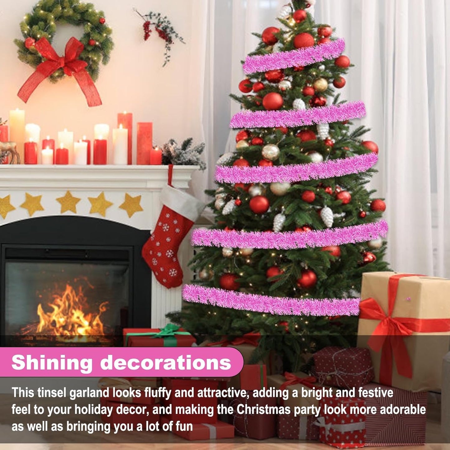 50 Feet Macaron Pink Christmas Tinsel Garland, Metallic Foil Twist Garland Wall Hanging Tinsel Banner Backdrop for Parade Floats, Easter, Mother's Day, Wedding Party Decorations (2in x 50ft)