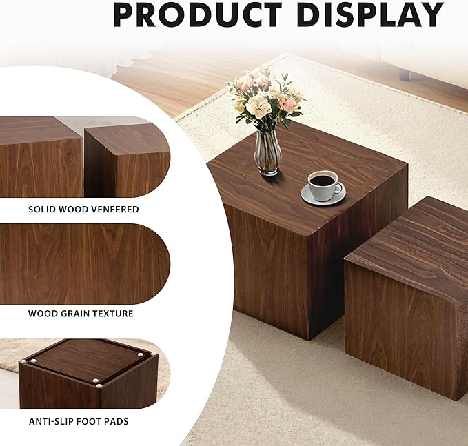 Square Nesting Tables for Living Room, Wood Nesting Coffee Table Walnut Veneer - Image 3