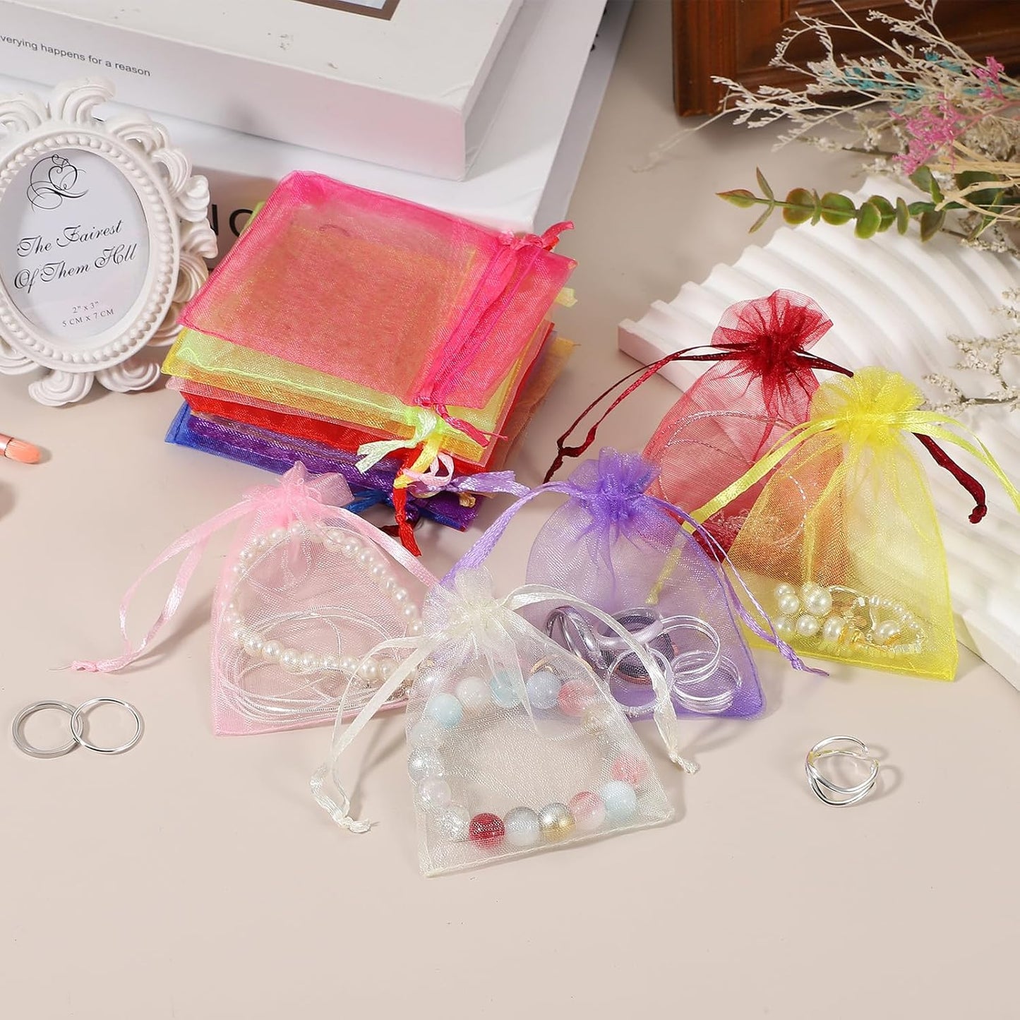 uxcell 50 Pcs Organza Gift Bags, 2.7x3.5 Inch Drawstring Pouches Jewelry Gift Bags, Small Wedding Favor Pouches for Christmas Birthday Wedding Goodie Candy Candle, Rose Red