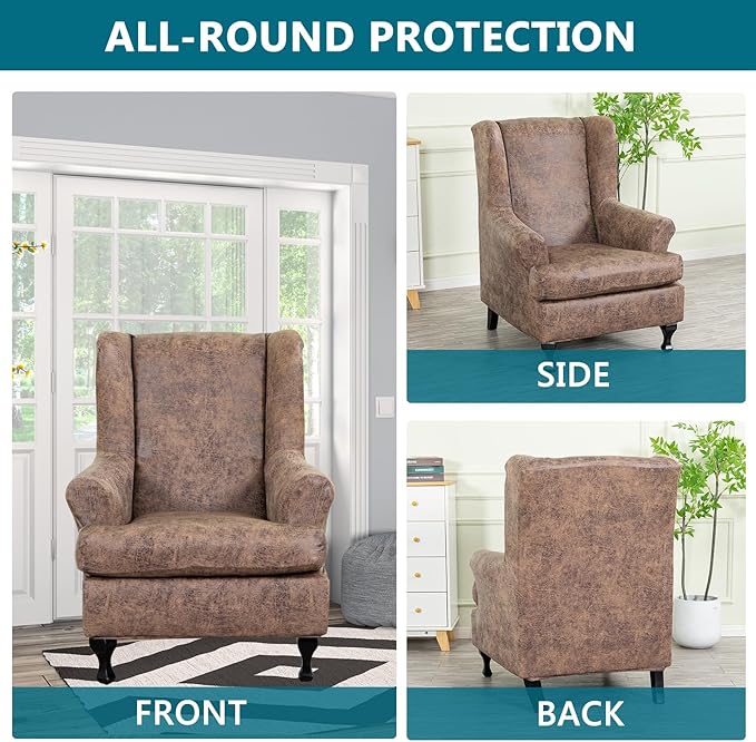 KRFOONN Wing Chair Slipcovers 2 Piece Stretch Leather Look Wingback Chair - Image 5