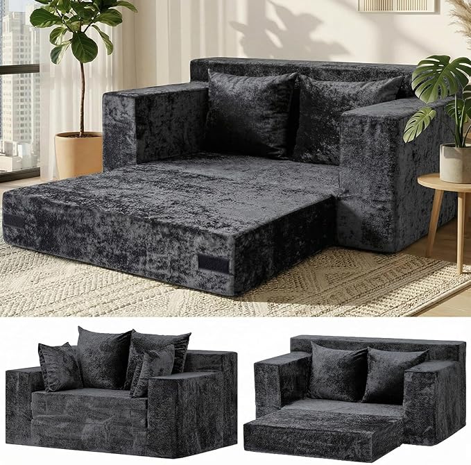 Loveseat Sofa Bed, Convertible Silky Velvet 5-in-1 Foldable Boneless Sleeper by AOLVDOW