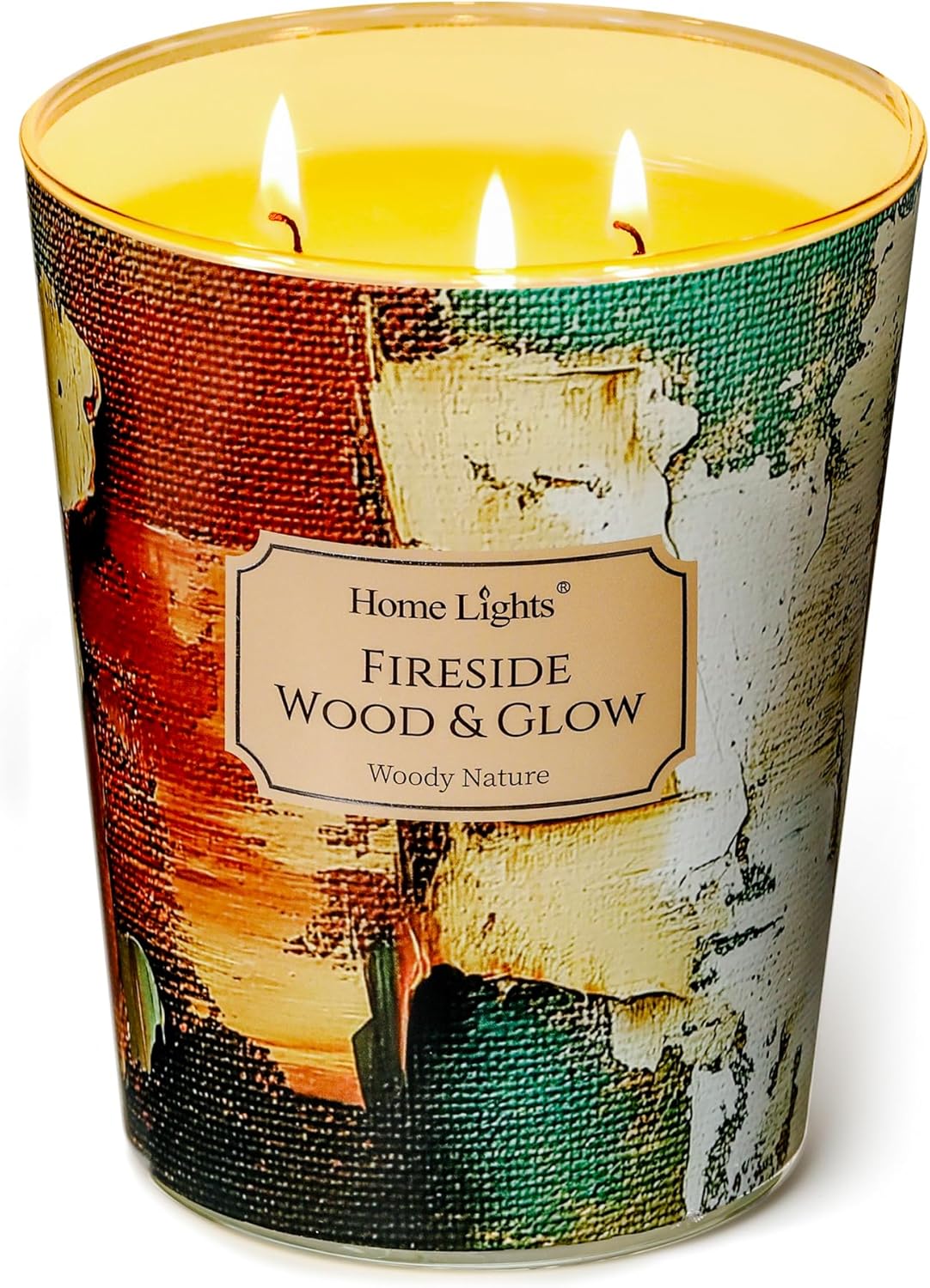 HomeLights 3-Wick Candles for Home Scented - 34oz Soy Wax Blend Candle Long-Lasting Fragrance, Industrial Chic Home Decor and Housewarming Gifts, Fireside Wood & Glow