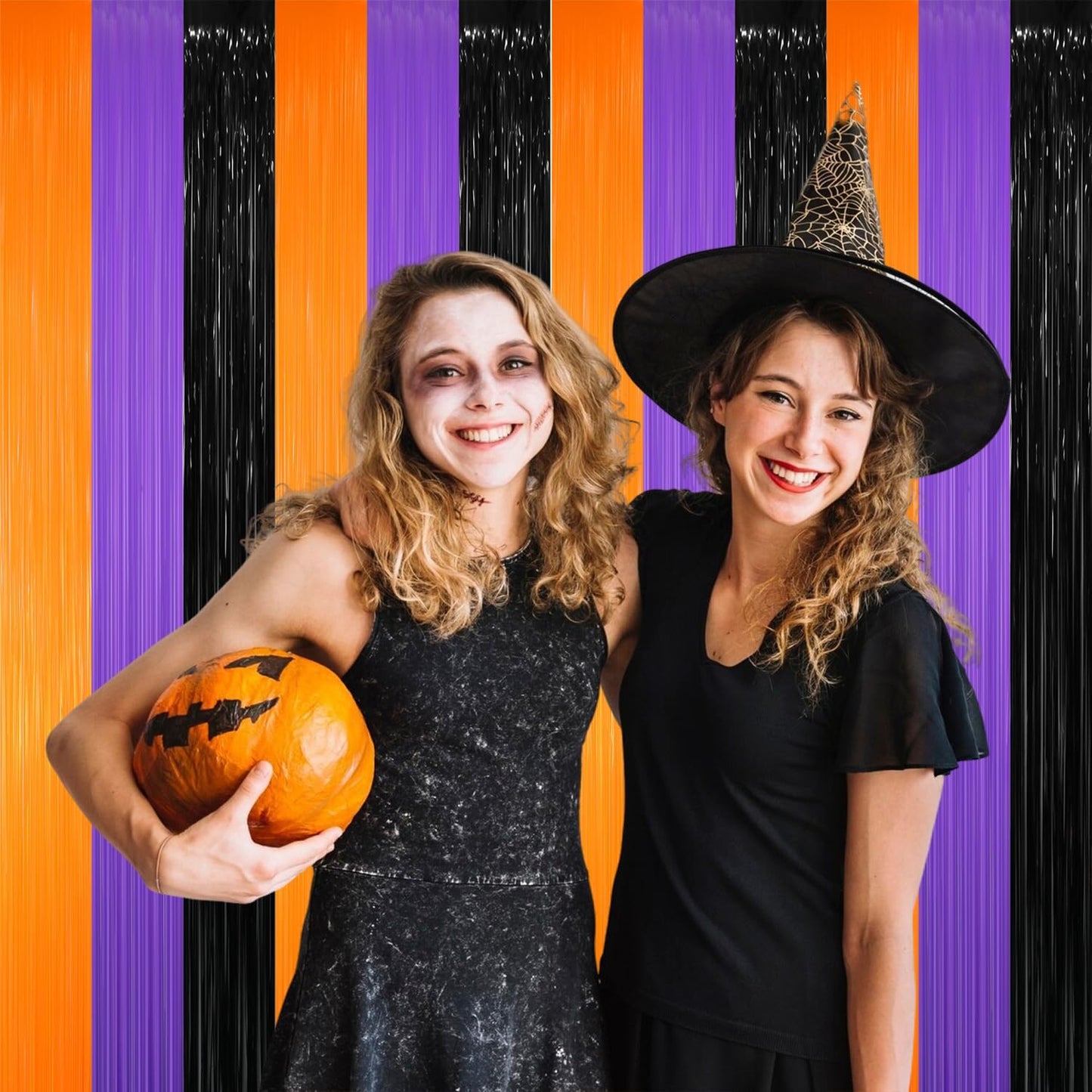 GOER 6.4 ft x 8.2 ft Metallic Tinsel Foil Fringe Party Backdrop for Halloween Birthday Graduation New Year's Party Decorations(2 Packs,Black&Orange&Purple)