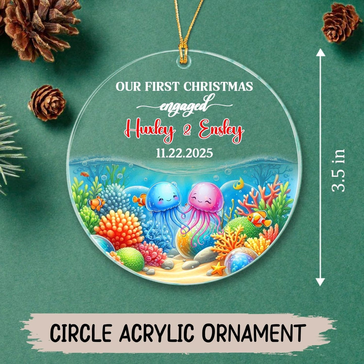 Personalized Our First Christmas Engaged Ornament Gift, Customized Date/Names Jellyfish Mr & Mrs Engaged Xmas Ornaments, Couple Jellyfish Together Christmas Ornament Gift for Engagement Anniversary
