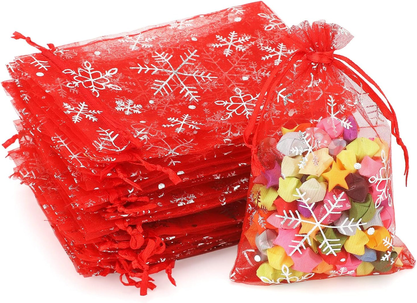 jijAcraft 4x6 Inch Christmas Organza Bags - 50Pcs Red Snowflake Gift Bags with Drawstring, Xmas Party Favor Sheer Mesh Pouches for Winter Gift, Candy, Jewelry Bag
