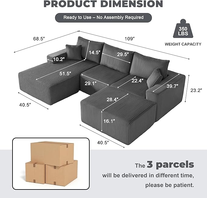 Weture 108” Modular Sectional Couches, Modern Modular U-Shape Sofa - Image 2