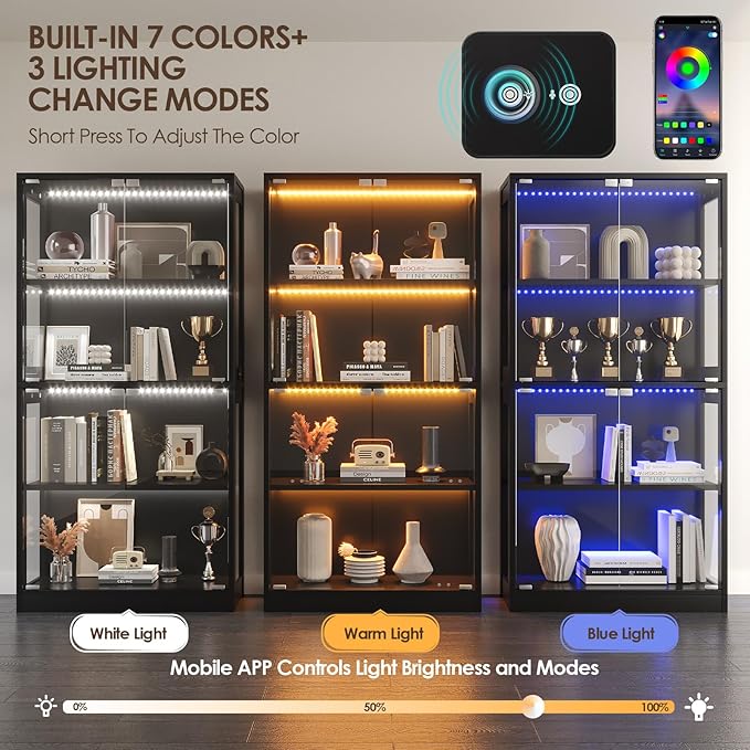 Airynee Display Cabinet with Glass Doors, 4-Tier Curio Cabinet with 7 Vibrant 3 - Image 6