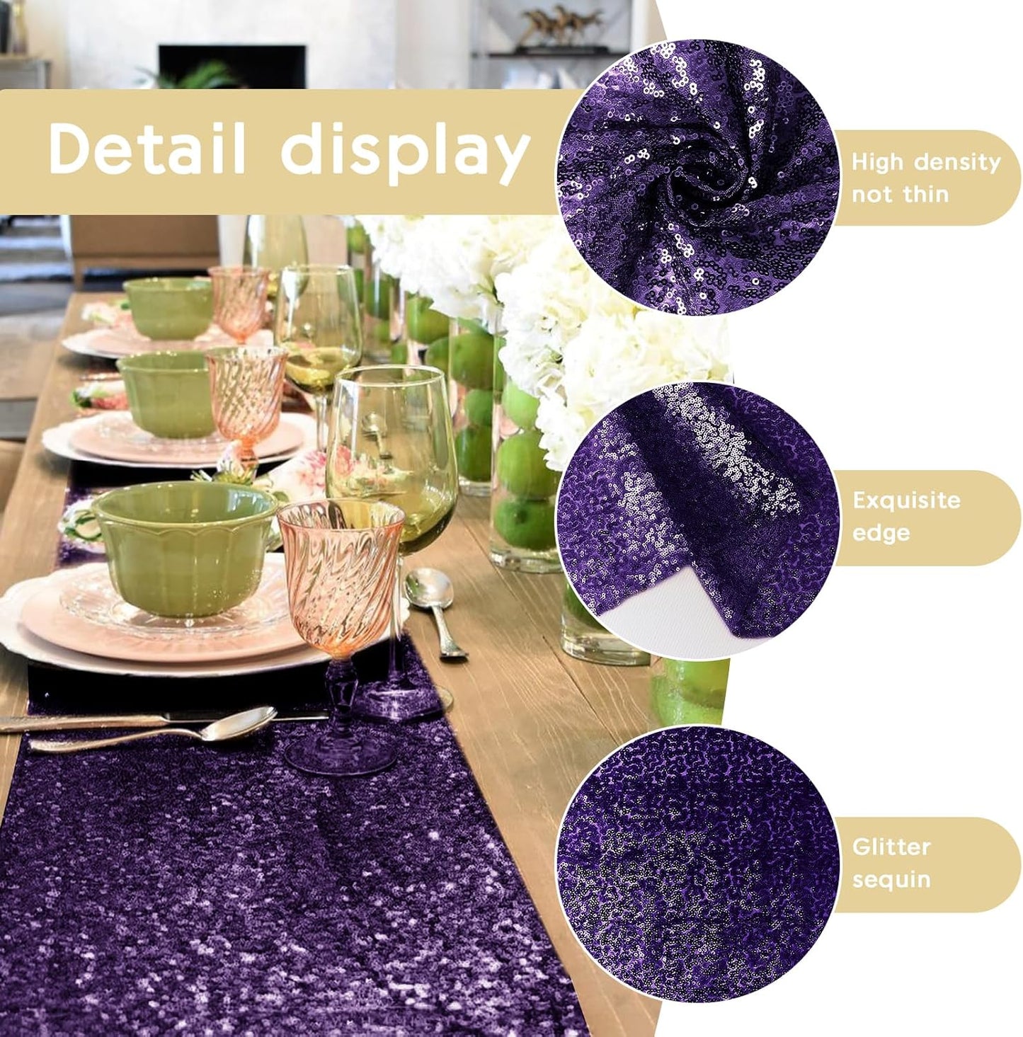 2 Packs 12 x 72 inches Sequin Table Runner, Purple Glitter Table Runner for Birthday Party Supplies Wedding Engagement Baby Shower Holiday Celebration Event Decorations
