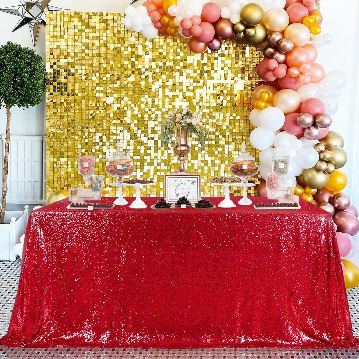 QueenDream Sparkly Sequin Tablecloth - Red Table Cloth 50x80 Inches Rectangle Table Overlay Fabric for Birthday Parties Baby Shower Decoration