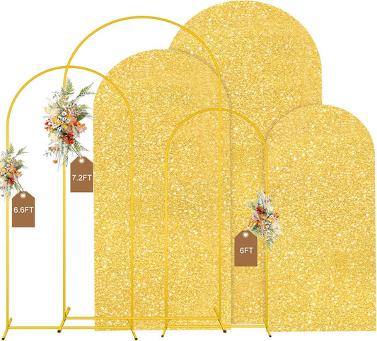 MODFUNS Metal Arch Backdorp Stand and Cover Set 6&6.6&7.2ft Gold Sequins Arch Backdrop Cover Set of 3 Golden Arched Backdrop Stand Wedding Arch Frame for Birthday Party Banquet Decoration