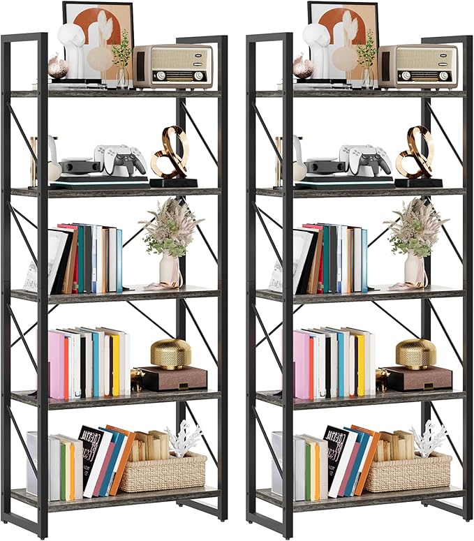 DWVO 5 Tier Bookshelf 2 Pack, Industrial Bookshelves Open Shelf Bookcase - Image 7