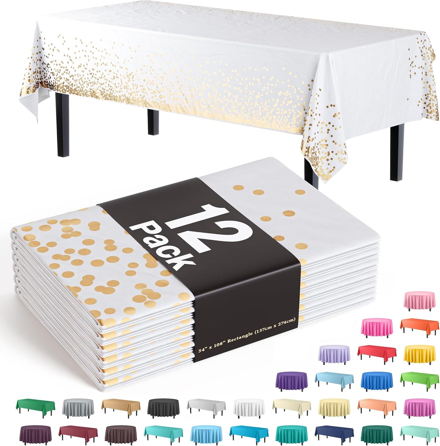 Party Solids Black & Gold Dot Rectangular Plastic Tablecloth - 54x108 Inch, Pack Of 12