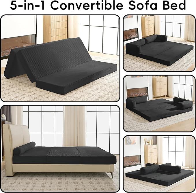 60" Boneless Couch, 5-in-1 Convertible Sofa Bed Tri Folding Mattress - Image 4
