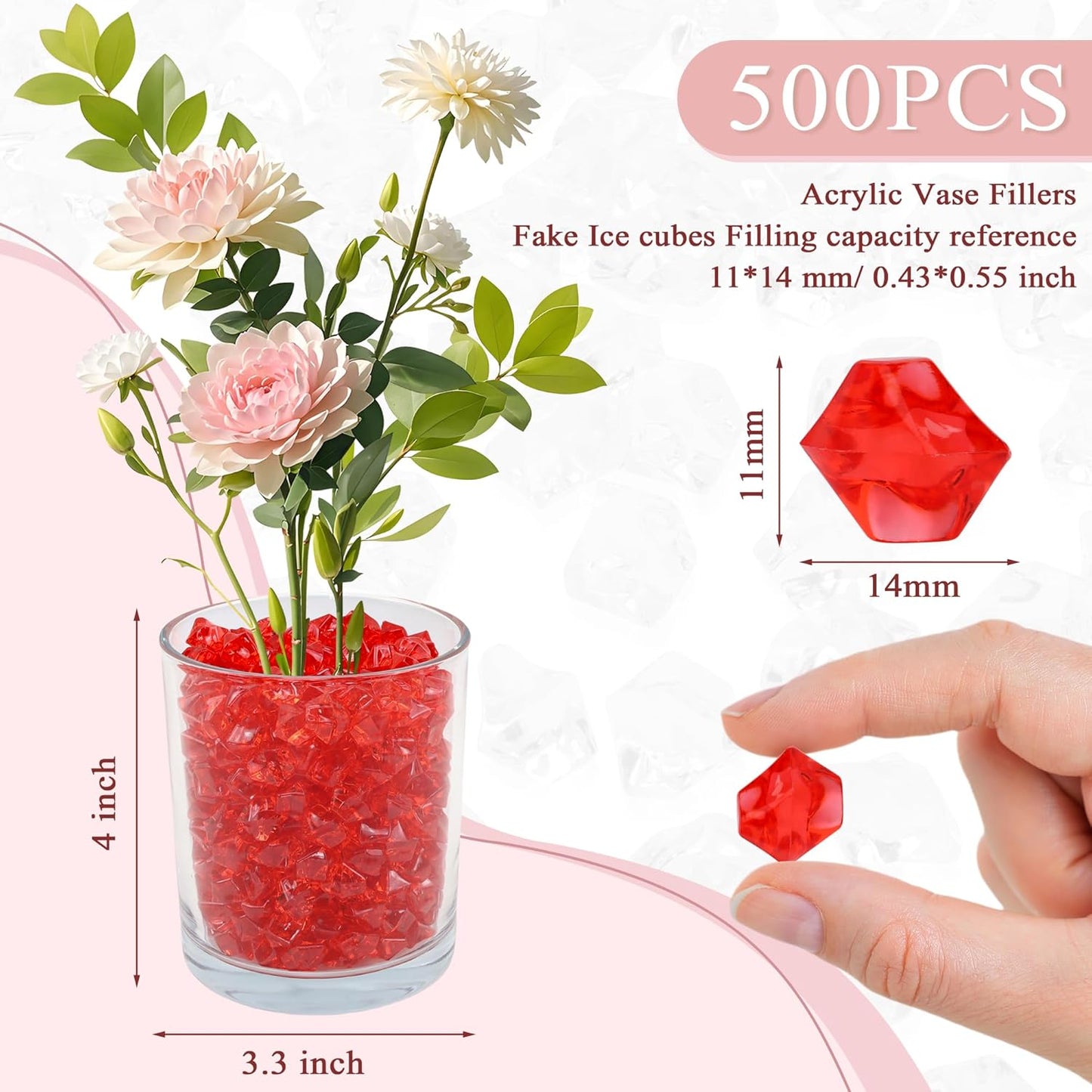 YATOJUZI 500pcs Fake Ice Cubes Red Acrylic Crushed Rocks Vase Fillers Plastic Diamonds Gems for DIY Party Wedding Centerpiece Table Scatter Prop Display 0.5" (Only Red)