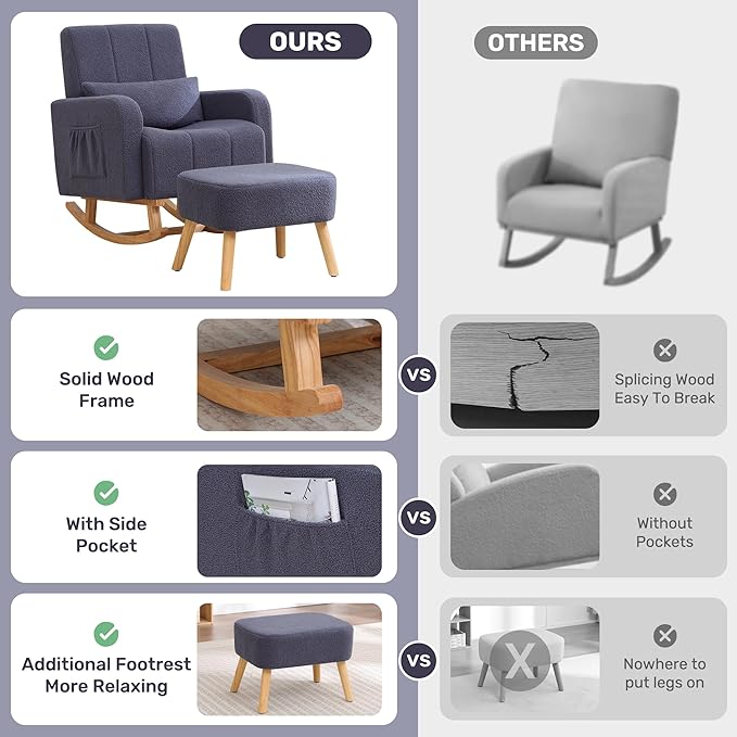 HCHAIRH Rocking Chair with Ottoman, Upholstered Glider Rocker with High - Image 8