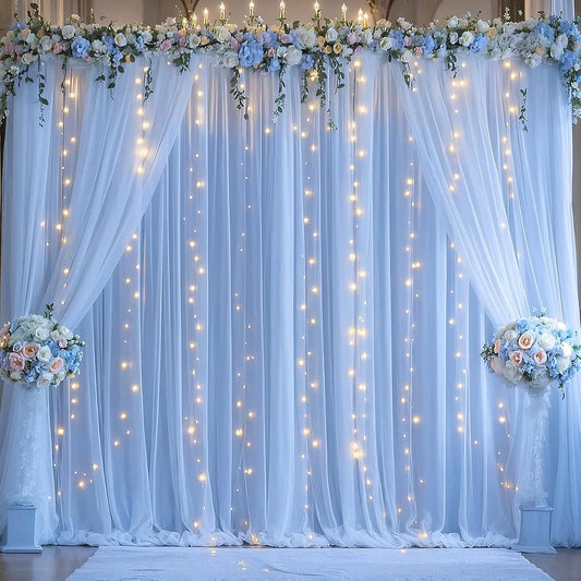 Blue Tulle Backdrop Curtains with Lights String for Parites Baby Shower 20×10ft Blue Sheer Backdrop Curtains Drapes for Bridal Shower Birthday Party Photo Shoot Background Decorations(4 Panels 5×10ft)