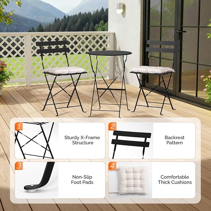 VINGLI Outdoor Folding Bistro Table and Chairs Set of 2, 3-Piece Bistro Set - Image 8