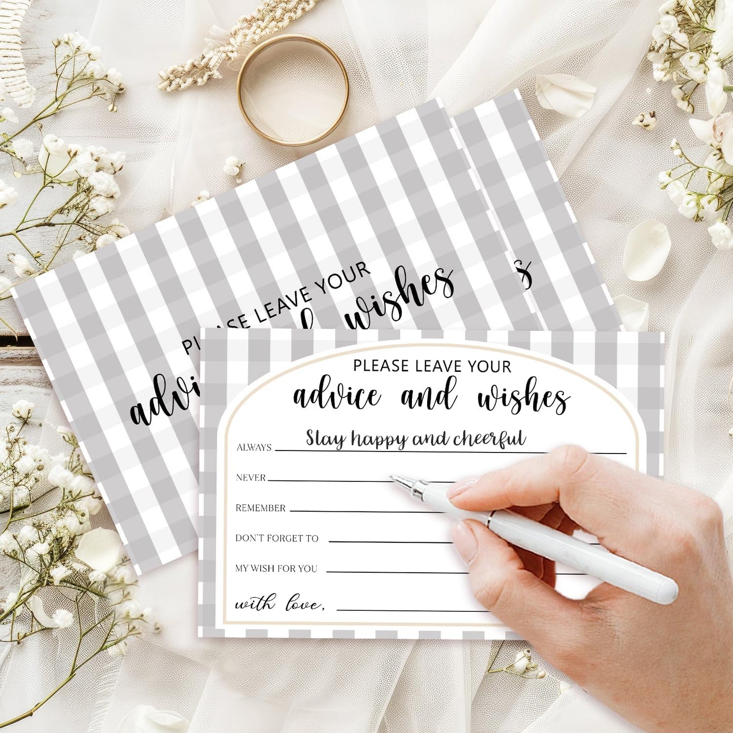 25 Advice and Wishes Cards, Grey Checkered Fill-In Advice Cards for Bridal Shower Wedding Birthday Party Baby Shower Graduation Party, Well Wishes Card for Mr & Mrs Adults, Party Supplies -07