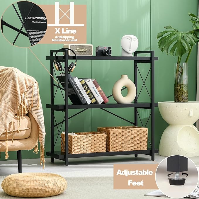 HCHQHS Bookshelf, 3-Tier Industrial Bookcase, Freestanding Horizontal - Image 6