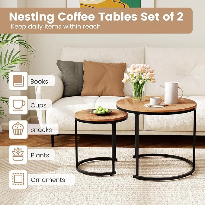 Giantex Nesting Coffee Table Set of 2, Round Stacking Side Tables w/Wooden - Image 4