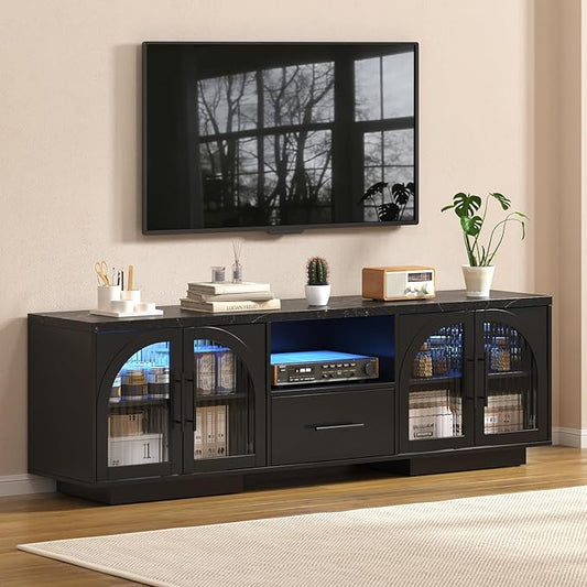 70" LED TV Stand with Storage for 75/80" TVs, Faux Marble Entertainment Center by SOLACEFURNITURE