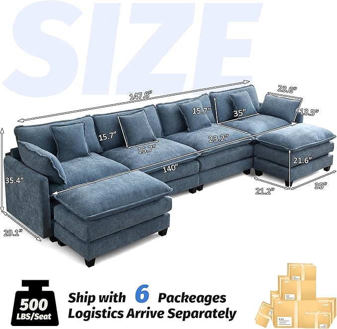 147'' Sectional Cloud Deep Seat Couch, Oversized Chenille U Shaped Sectional - Image 2