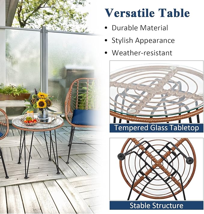 Tangkula 3 Pieces Patio Conversation Bistro Set, Outdoor Wicker Furniture - Image 6