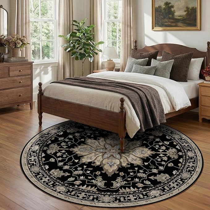 RELEANY Area Rugs Round 8ft Washable Non-Slip, Floral Vintage Distress Print - Image 3