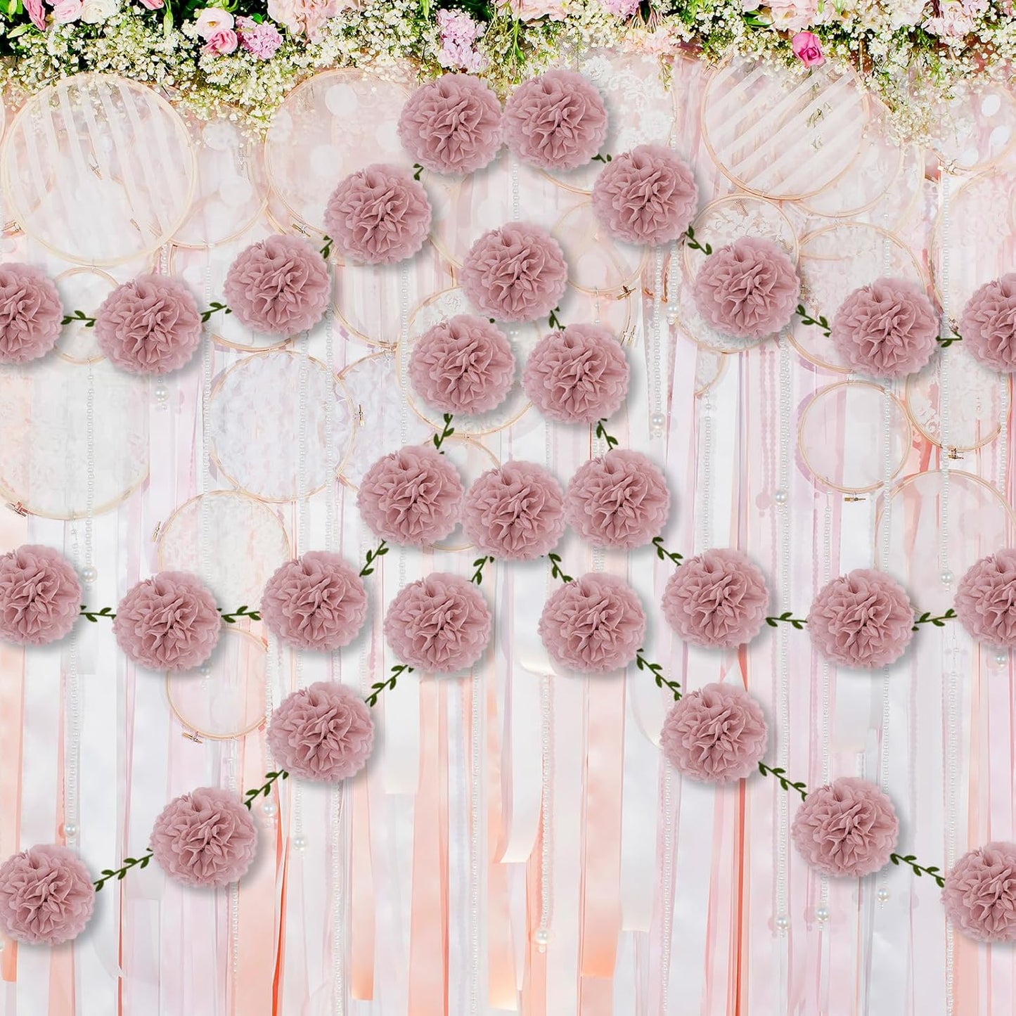 2 Pack Rose Pink Tissue Paper Pom Pom Garlands Hanging with Cloth Vine for Nature Garden Fence Birthday Paty Decorations, 6.6Ft Length