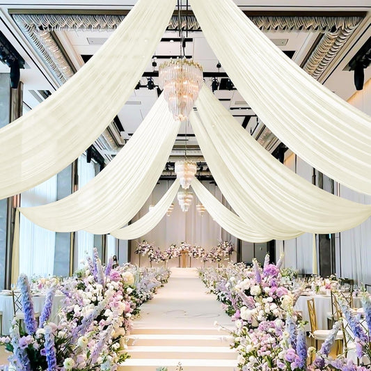 4 Panels Ivory Ceiling Drapes for Wedding 5ftx20ft Sheer Drapery Chiffon Fabric Arch Draping Curtains for Party Ceremony Birthday Baby Shower Reception Stage Ceiling Decorations
