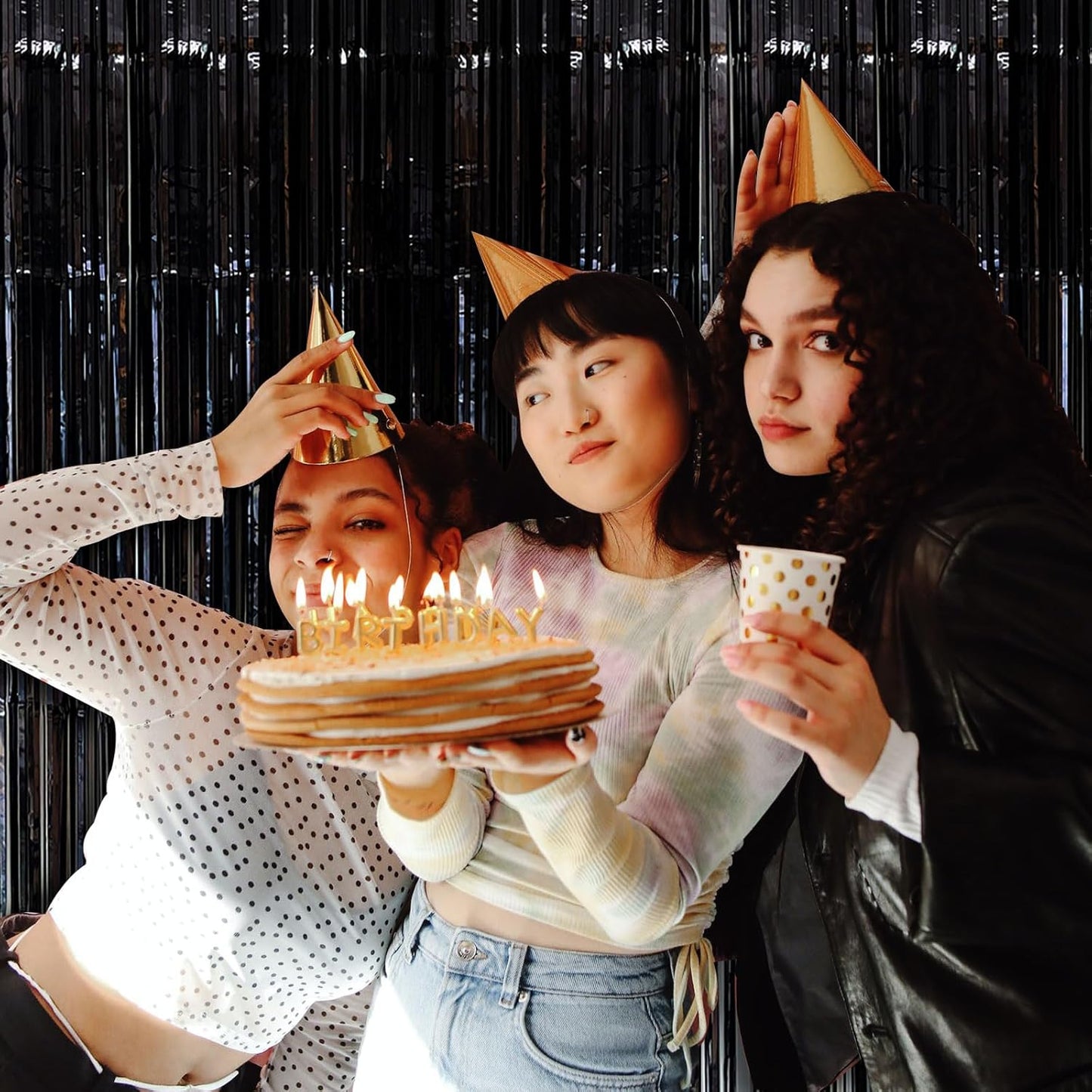 Black Party Streamers Foil Fringe Backdrop Curtains Tinsel Streamers Birthday Halloween Party Decorations Fringe Backdrop for Birthday Party Graduation Bridal Shower Wizard Party Supplies