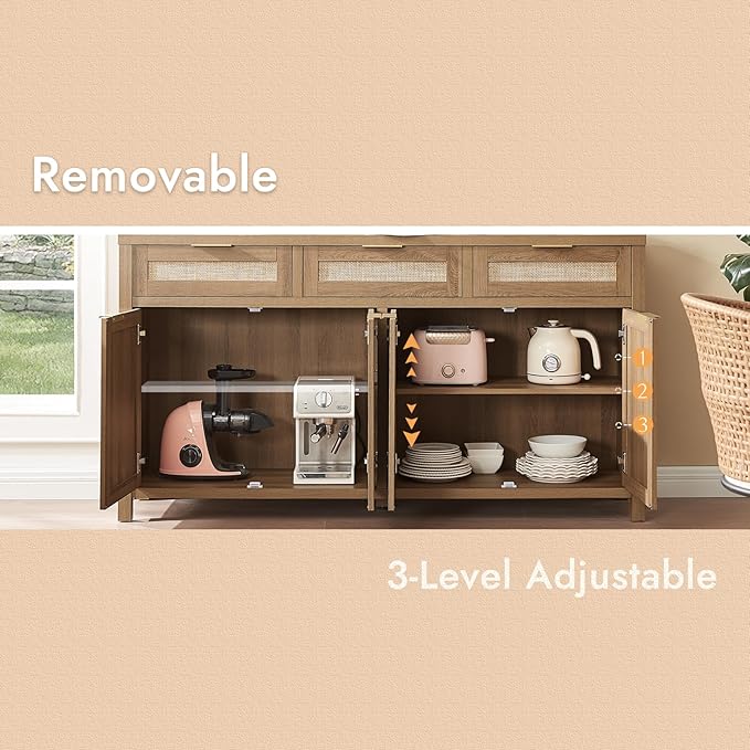 HOKYHOKY 2 Piece Rattan Sideboard Buffet Cabinet, Boho Storage Cabinet - Image 7