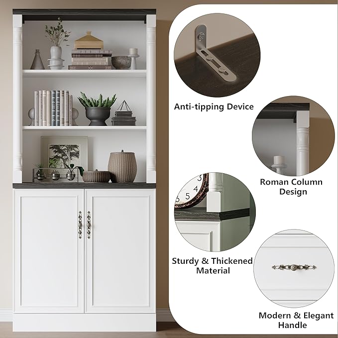 Bookshelf with Doors, Floor Standing Display Storage Cabinet - Image 4